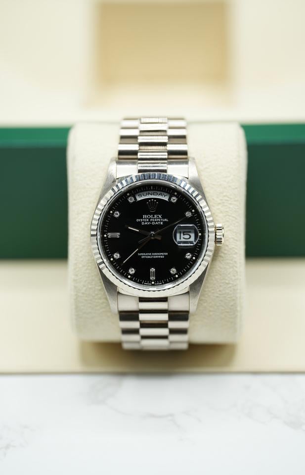 Rolex Day-Date 36 Black Diamond Dial White Gold 18239 1990 Full Set