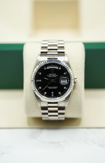 Rolex Day-Date 36 Black Diamond Dial White Gold 18239 1990 Full Set