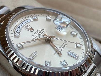 Rolex Day-Date 36 Silver Diamond Dial President Bracelet 18239 1999 Full Set