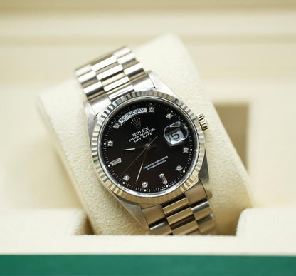 Rolex Day-Date 36 Black Diamond Dial White Gold 18239 1990 Full Set