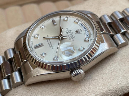 Rolex Day-Date 36 Silver Diamond Dial President Bracelet 18239 1999 Full Set