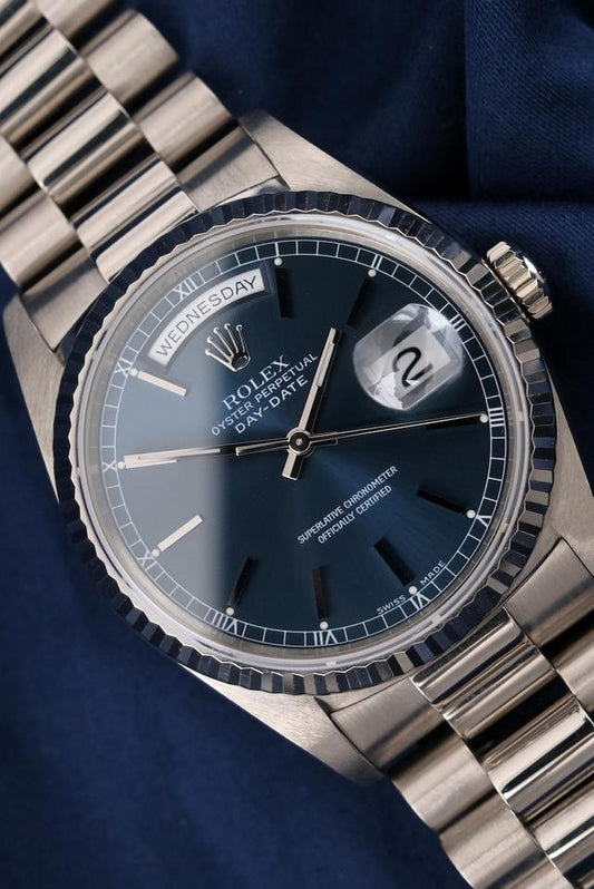 Rolex Day-Date 36 Blue Stick Dial White Gold 18239 1995