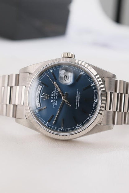 Rolex Day-Date 36 Blue Stick Dial White Gold 18239 1995