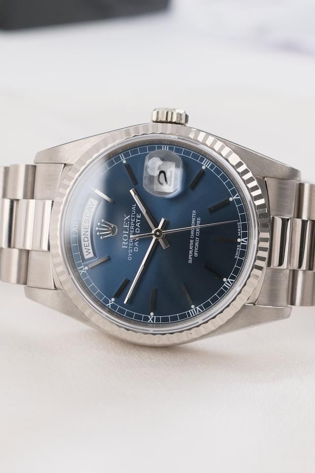 Rolex Day-Date 36 Blue Stick Dial White Gold 18239 1995