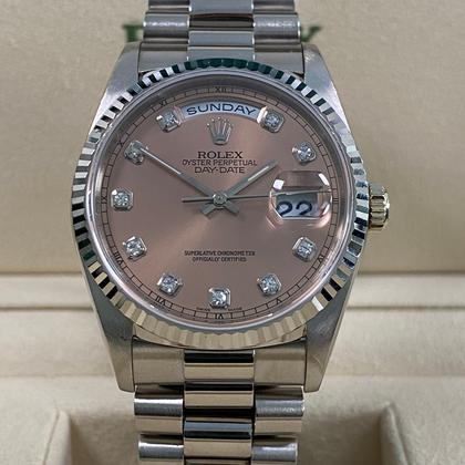 Rolex Day-Date 36 Pink Salmon Diamond Dial White Gold 18239 1996 Full Set