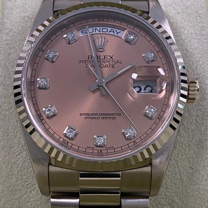 Rolex Day-Date 36 Pink Salmon Diamond Dial White Gold 18239 1996 Full Set