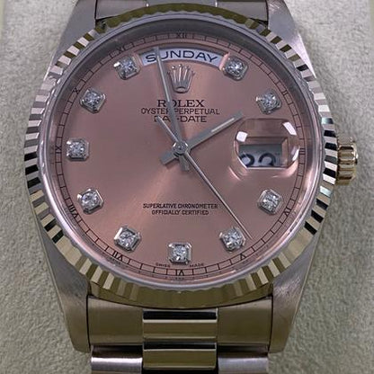 Rolex Day-Date 36 Pink Salmon Diamond Dial White Gold 18239 1996 Full Set