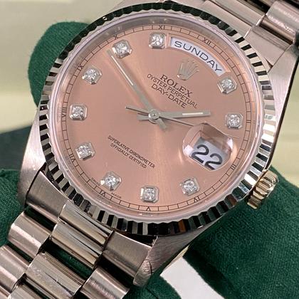 Rolex Day-Date 36 Pink Salmon Diamond Dial White Gold 18239 1996 Full Set