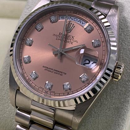Rolex Day-Date 36 Pink Salmon Diamond Dial White Gold 18239 1996 Full Set