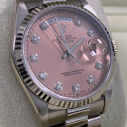 Rolex Day-Date 36 Pink Salmon Diamond Dial White Gold 18239 1996 Full Set