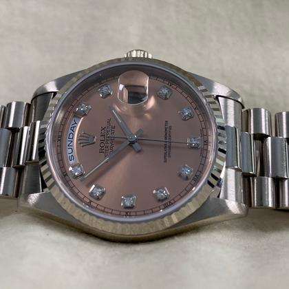 Rolex Day-Date 36 Pink Salmon Diamond Dial White Gold 18239 1996 Full Set