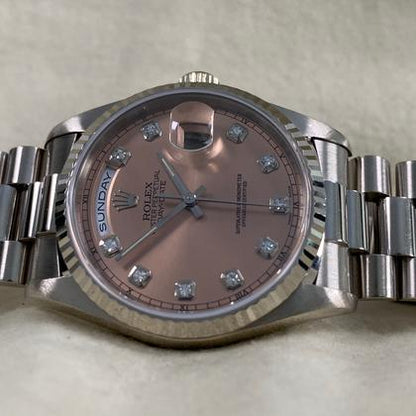 Rolex Day-Date 36 Pink Salmon Diamond Dial White Gold 18239 1996 Full Set