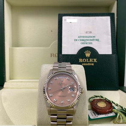Rolex Day-Date 36 Pink Salmon Diamond Dial White Gold 18239 1996 Full Set