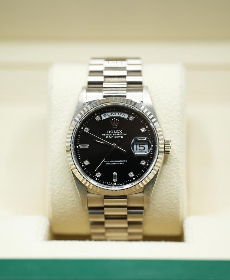 Rolex Day-Date 36 Black Diamond Dial White Gold 18239 1990 Full Set