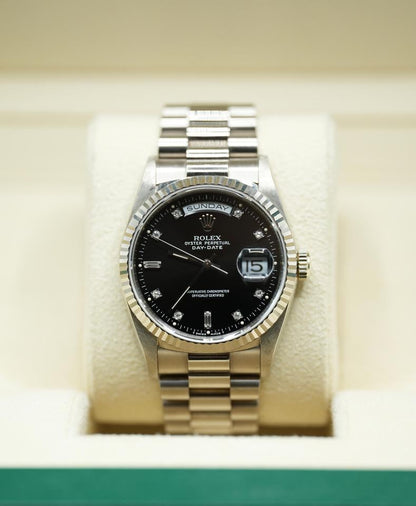 Rolex Day-Date 36 Black Diamond Dial White Gold 18239 1990 Full Set