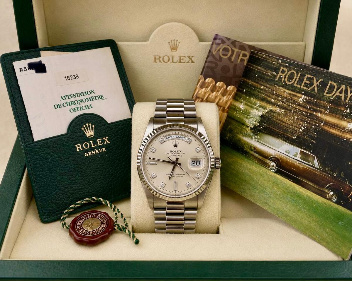Rolex Day-Date 36 Silver Diamond Dial President Bracelet 18239 1999 Full Set