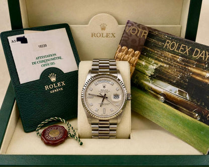 Rolex Day-Date 36 Silver Diamond Dial President Bracelet 18239 1999 Full Set