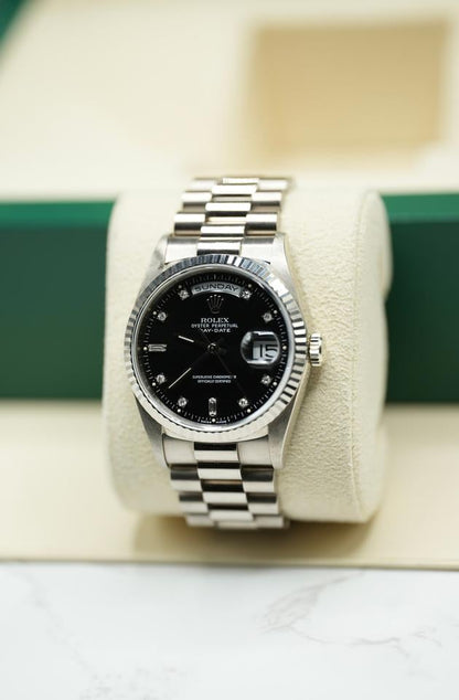 Rolex Day-Date 36 Black Diamond Dial White Gold 18239 1990 Full Set