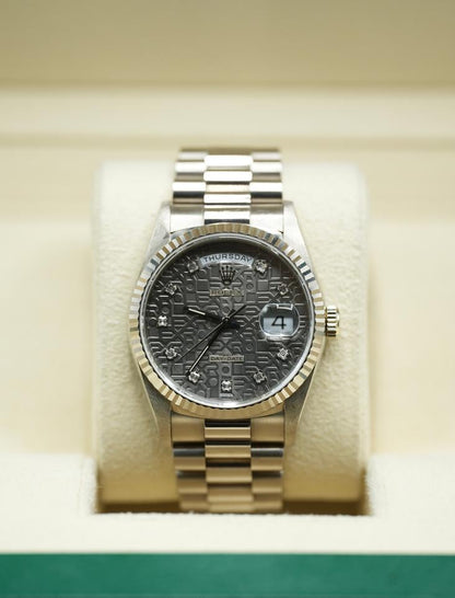 Rolex Day-Date 36 Grey Jubilee Diamond Dial White Gold 18239 1990 Full Set