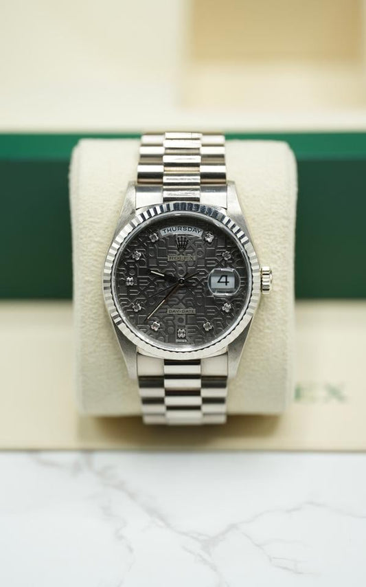 Rolex Day-Date 36 Grey Jubilee Diamond Dial White Gold 18239 1990 Full Set