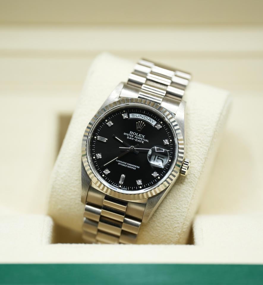 Rolex Day-Date 36 Black Diamond Dial White Gold 18239 1990 Full Set