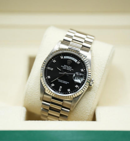 Rolex Day-Date 36 Black Diamond Dial White Gold 18239 1990 Full Set