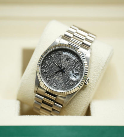 Rolex Day-Date 36 Grey Jubilee Diamond Dial White Gold 18239 1990 Full Set