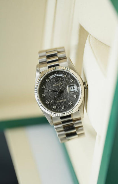 Rolex Day-Date 36 Grey Jubilee Diamond Dial White Gold 18239 1990 Full Set