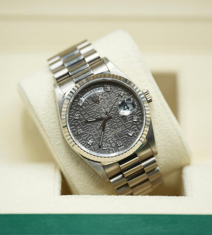 Rolex Day-Date 36 Grey Jubilee Diamond Dial White Gold 18239 1990 Full Set