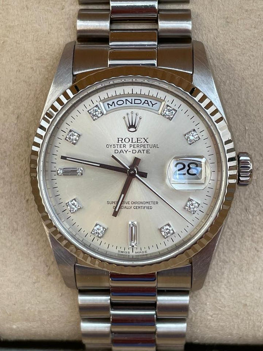 Rolex Day-Date 36 Silver Diamond Dial President Bracelet 18239 1999 Full Set