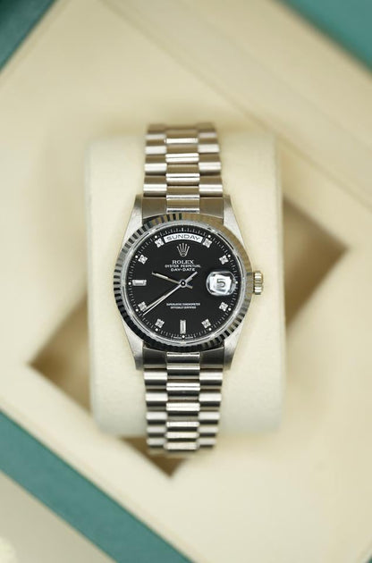 Rolex Day-Date 36 Black Diamond Dial White Gold 18239 1990 Full Set